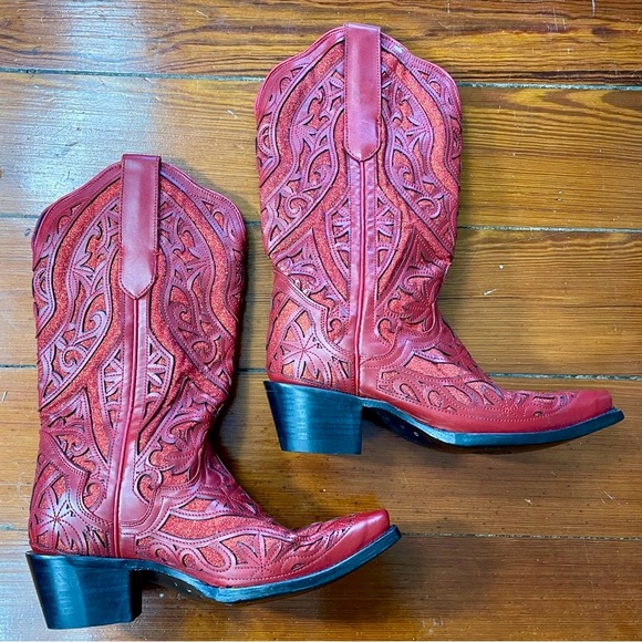 NEW JB DILLON RESERVE Darling Red Glitter Inlay Leather Snip Toe Boot GIFTABLE-8 - Picture 8 of 15
